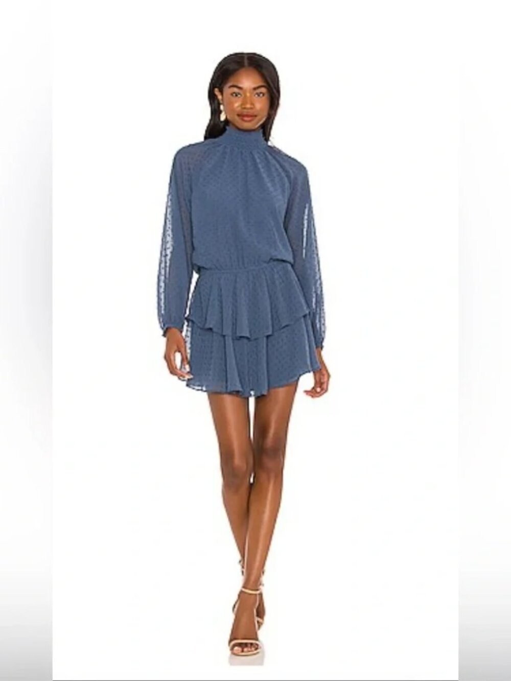 Yumi Kim Class Act Dress Mini Swiss Dot Mock Neck Tiered Long Sleeve Blue Small